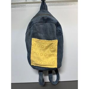 Handmade Denim Mini Backpack Blue Yellow Eyelet Lace Pocket Boho 90s Style